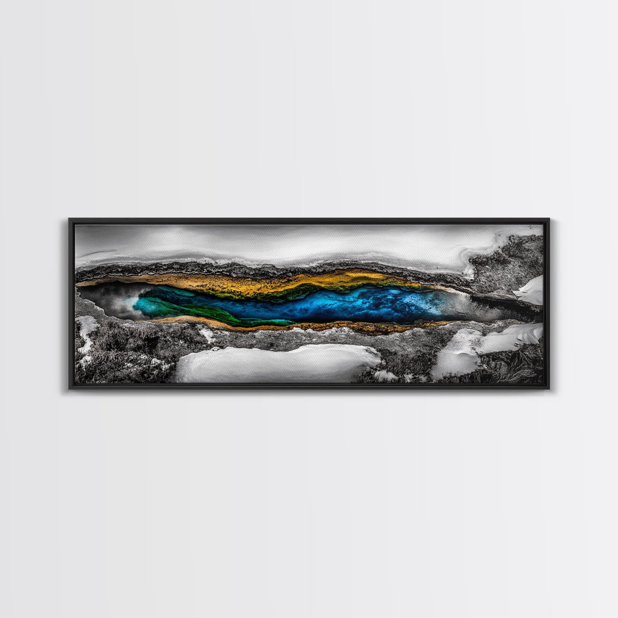 Hot Spring, Geothermal Pool Art, Abstract Nature, Deep Blue and Gold, Black and White Contrast, Unique Wall Decor, Framed Canvas Print