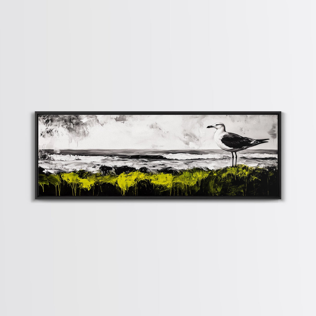 Seagull Perch, Ocean Shore, Moody Sky, Framed Canvas Print, Coastal Wall Art, Beach House Decor, Nautical Artwork, Nature Inspired