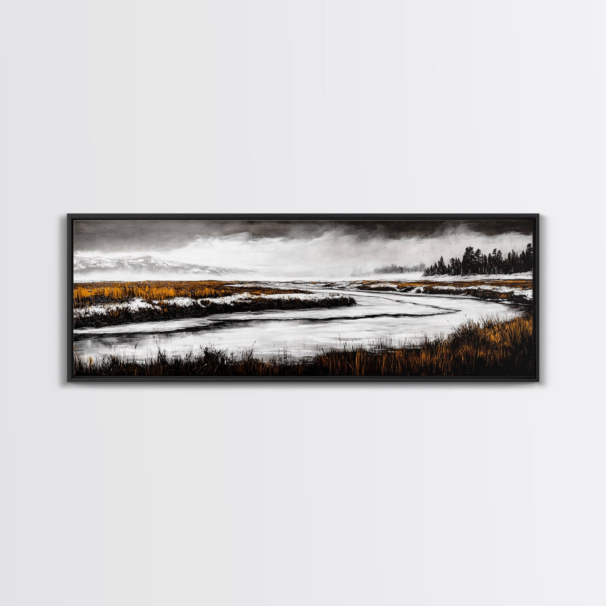 Snowy River Artwork, Mountain Landscape Painting, Rustic Winter Decor, Black and White Wall Art, Nature Print, Living Room Art, Canvas Print