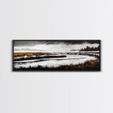 Snowy River Artwork, Mountain Landscape Painting, Rustic Winter Decor, Black and White Wall Art, Nature Print, Living Room Art, Canvas Print