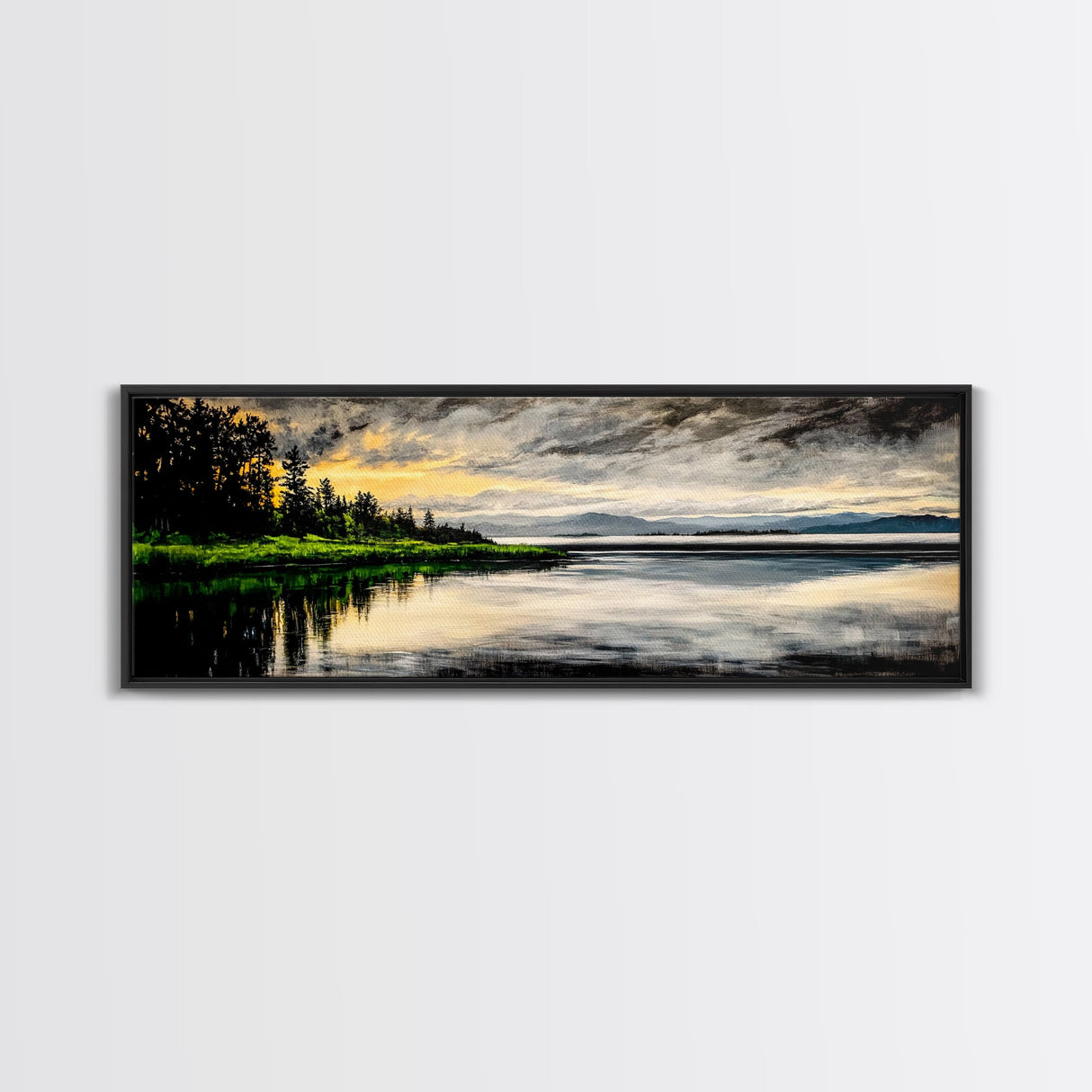 Lake Sunset Art, Landscape Painting, Nature Wall Decor, Tranquil Water Reflection, Rustic Home Art, Living Room Wall Art, Framed Canvas Print