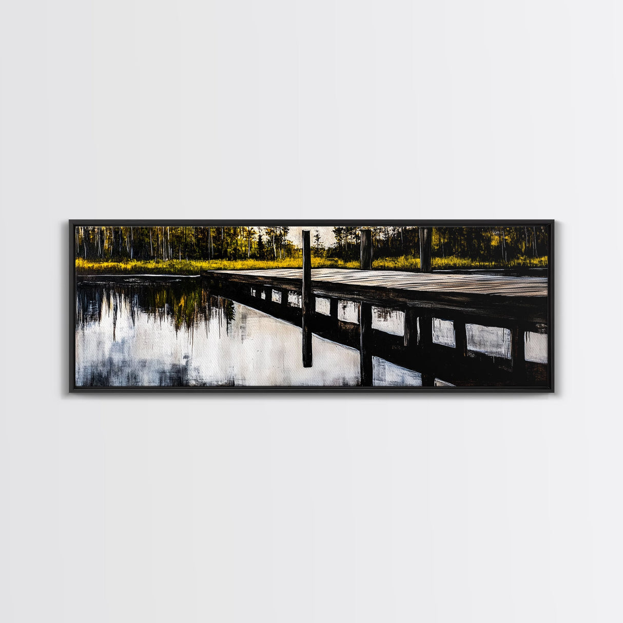 Lakeside Dock, Reflection Art, Serene Water, Framed Canvas Print, Tranquil Nature Scene, Rustic Cabin Decor, Woodland Wall Art, Large Art