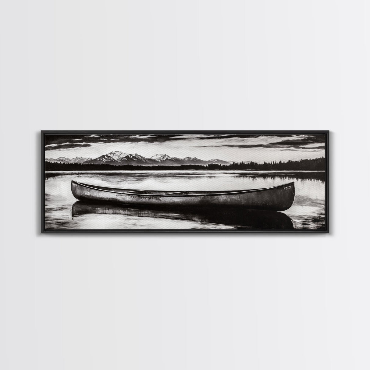 Mountain Reflections, Canoe Art, Wilderness Wall Decor, Canvas Print, Black and White Landscape, Lake House Art, Rustic Cabin Art