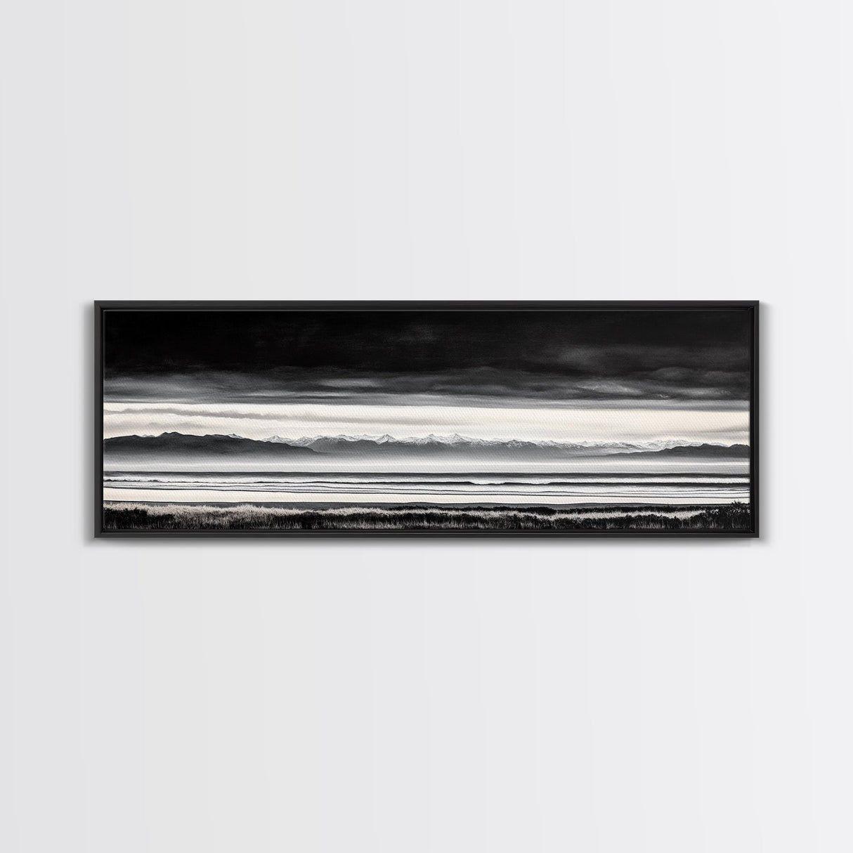 Stormy Mountains, Black and White Art, Monochrome Landscape, Modern Wall Decor, Framed Canvas Print, Nature Inspired, Minimalist Home Art