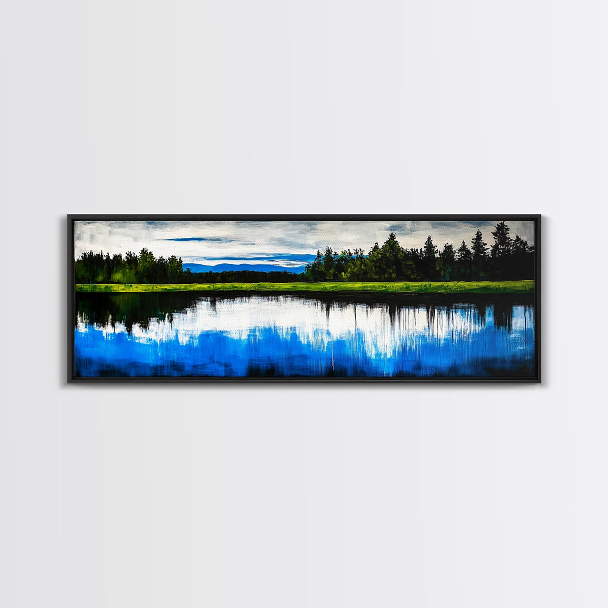 Lake Reflection, Blue Sky, Green Landscape, Framed Canvas Print, Large Wall Art, Nature Painting, Office Decor, Living Room Wall Art