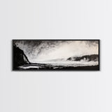 Misty Ocean, Coastal Hills, Foggy Landscape, Framed Canvas Print, Black and White Art, Monochrome Painting, Nature Wall Art, Office Decor