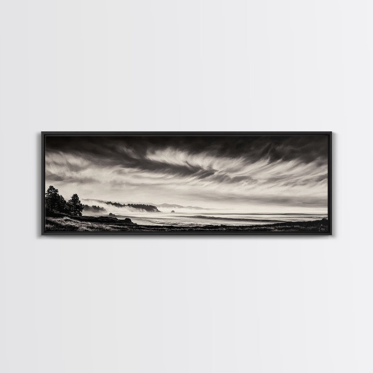 Ocean Waves, Stormy Sky, Dramatic Clouds, Canvas Print, Black and White Landscape, Coastal Wall Art, Living Room Decor, Minimalist Painting