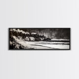 Bold Coastal Cliff, Monochrome Seascape Painting, Dramatic Nature Wall Art, Minimalist Ocean Print, Modern Home Decor, Framed Canvas Print