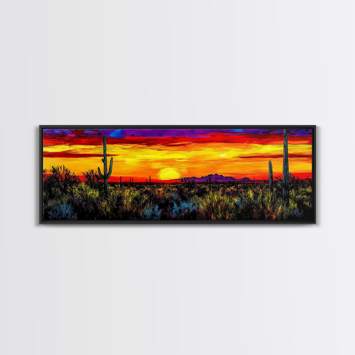 Desert Sunset Art, Vibrant Cactus Painting, Warm Boho Landscape, Southwestern Wall Decor, Bold Nature Print, Framed Canvas Print