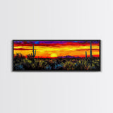 Desert Sunset Art, Vibrant Cactus Painting, Warm Boho Landscape, Southwestern Wall Decor, Bold Nature Print, Framed Canvas Print