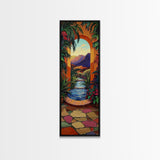 Tropical Archway, Retreat Painting, Framed Canvas Print, vibrant Mediterranean garden, doorway wall art, boho home décor, living room