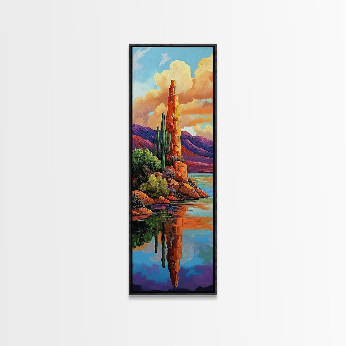Desert Cactus, Reflection Art, Framed Canvas Print, bold southwest landscape, cacti and red rock lake scene, rustic style living room wall art