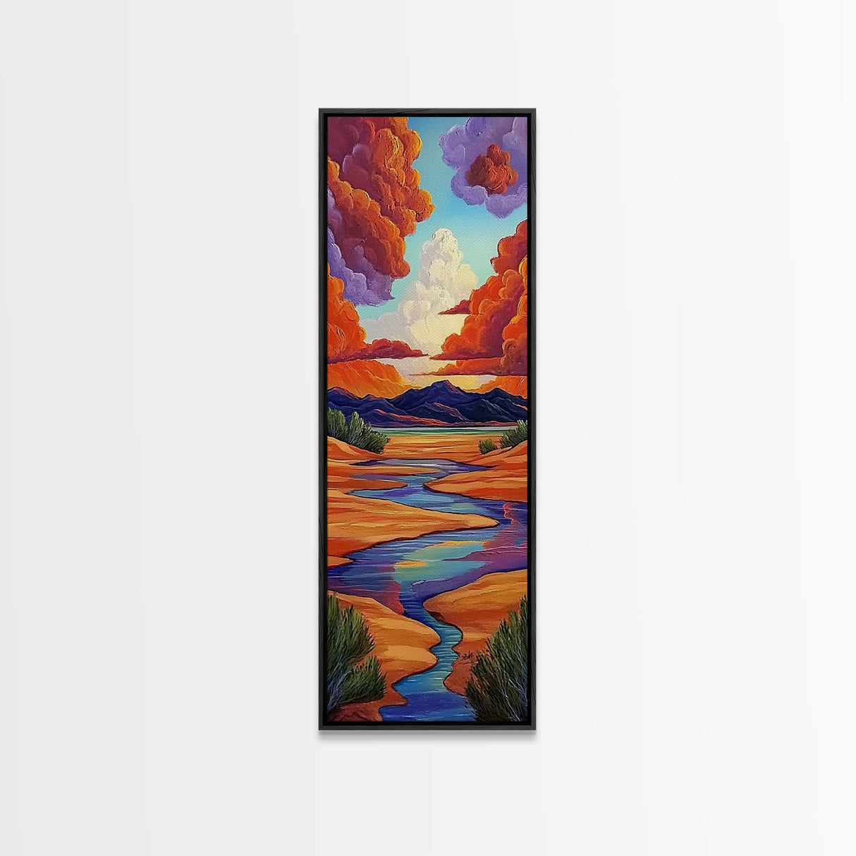 Desert River, Sky Painting, Framed Canvas Print, warm southwestern stream view landscape, bold clouds, boho decor, office wall art