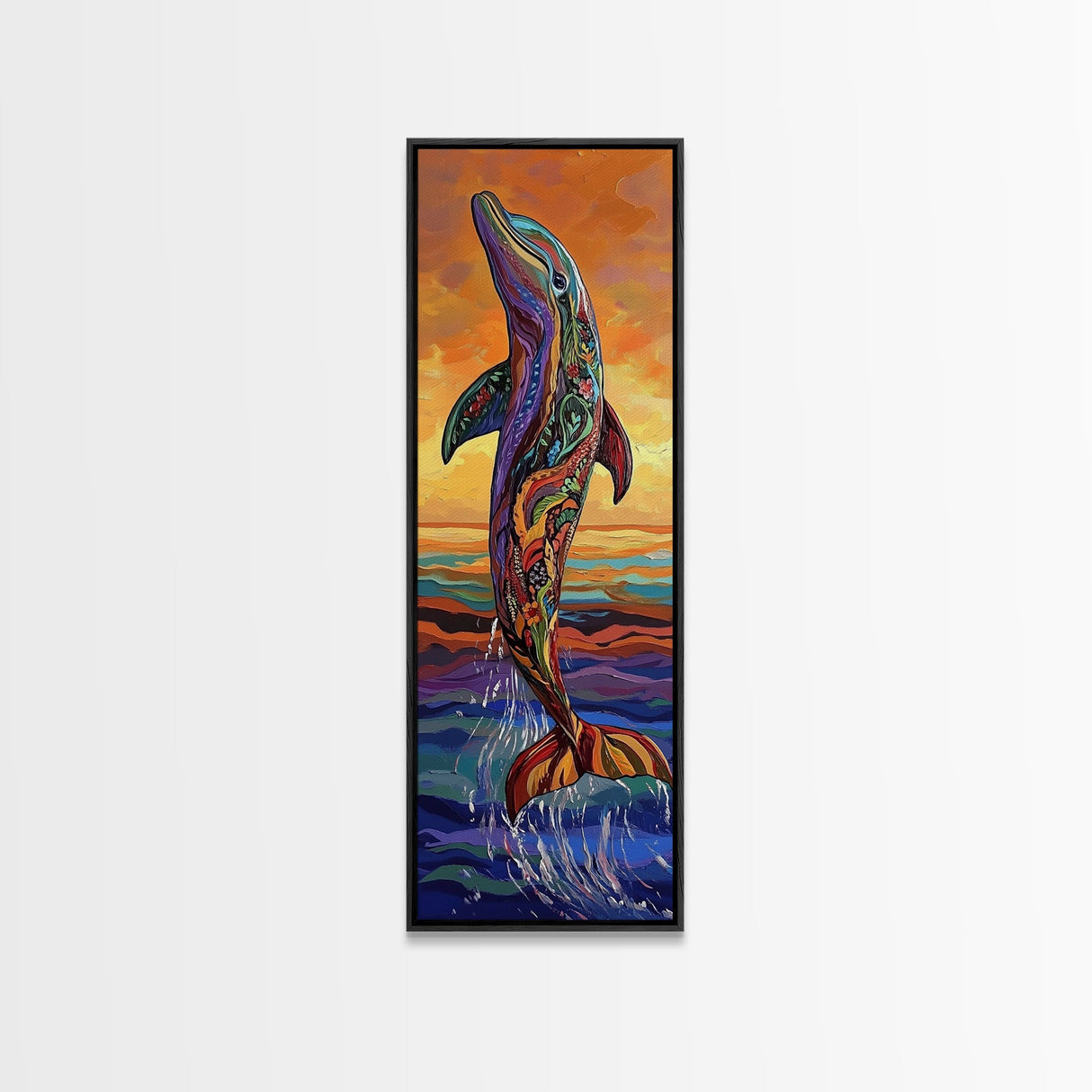 Dolphin Ocean, Sunset Splash, Vibrant marine wall decor Framed Canvas Print, colorful coastal boho art, beach house wall art