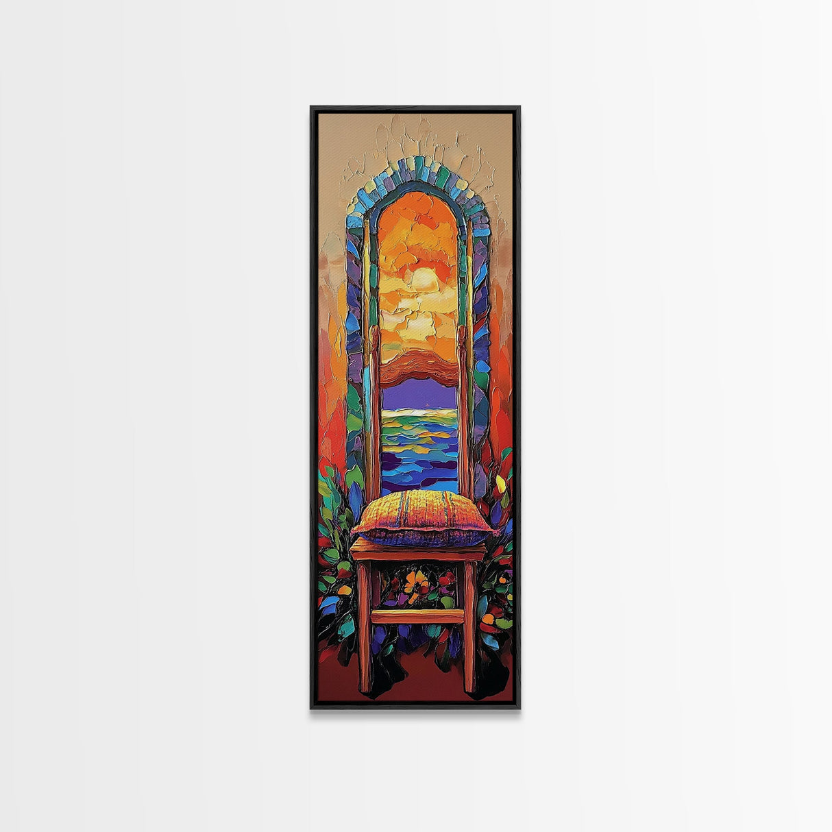 Chair, Window, Dream View, Colorful Surreal Framed Canvas Print, Vibrant Boho Wall Art, Bedroom Accent Piece, Artistic Home Decor Statement