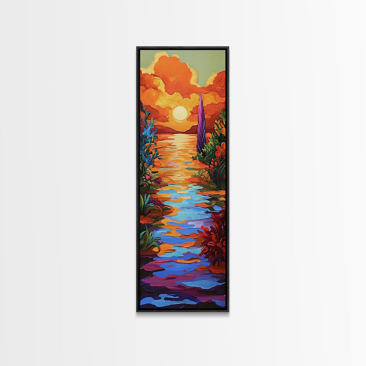 Sunset, Vibrant, Tropical, Sky - Framed Canvas Print, Colorful Beach Wall Art, Bold Living Room Decor, Coastal Sunset Summer Vibes Painting