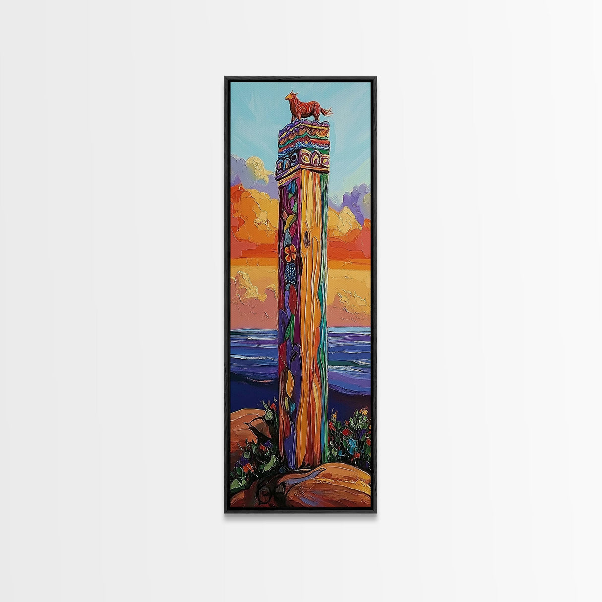 Totem, Ocean, Sunset, Whimsy - Framed Canvas Print, Coastal Totem Wall Art, Whimsical Beach House Decor, Colorful Folk Art Living Room Style
