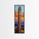 Totem, Ocean, Sunset, Whimsy - Framed Canvas Print, Coastal Totem Wall Art, Whimsical Beach House Decor, Colorful Folk Art Living Room Style