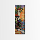 Seaside, Villa, Sunset, Palms, Framed Canvas Print, Coastal tropical wall art, beach house decor, boho living room painting, colorful home vibes