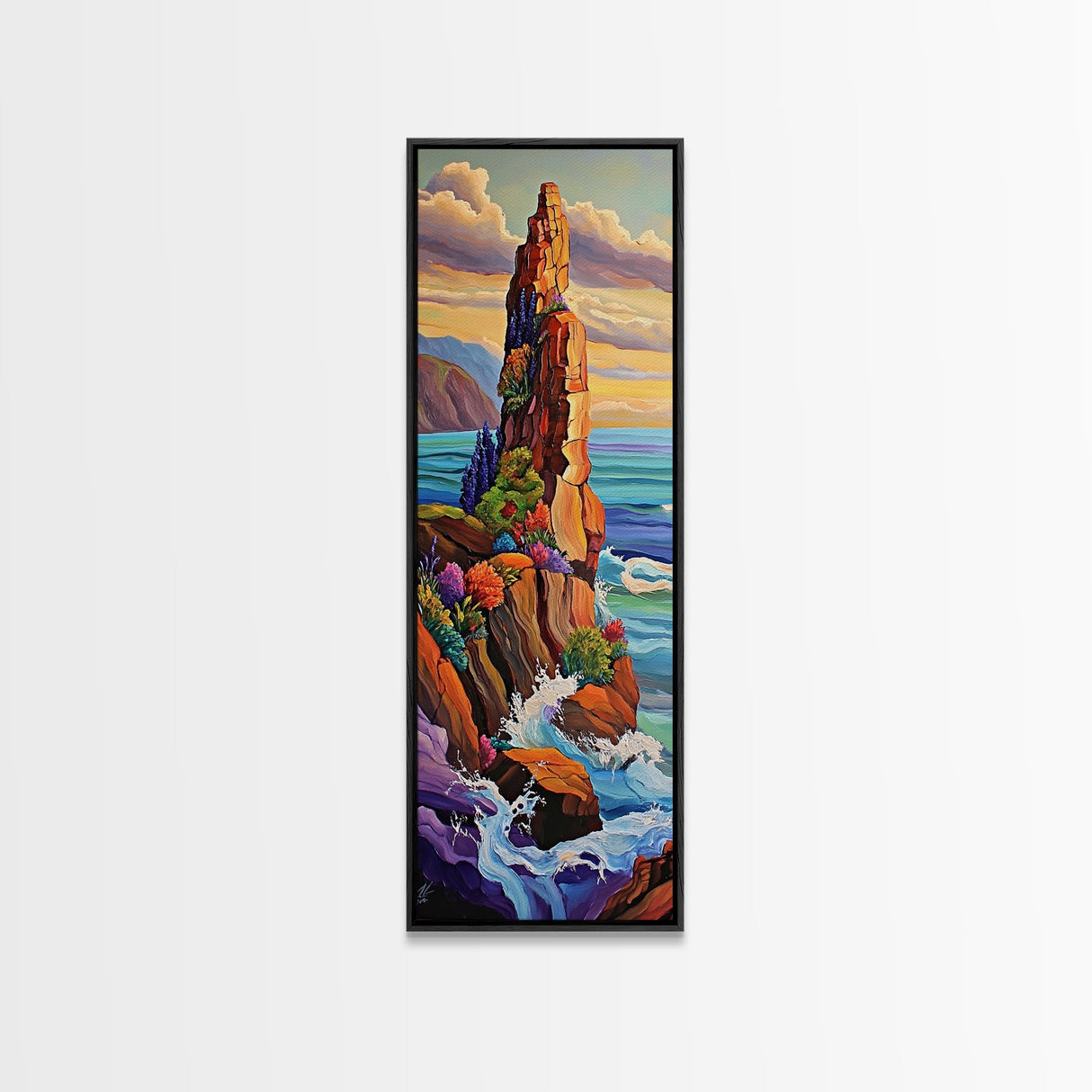Cliff, Ocean, Wildflowers, Waves, Framed Canvas Print, Coastal nature wall art, vibrant landscape decor, colorful living room painting