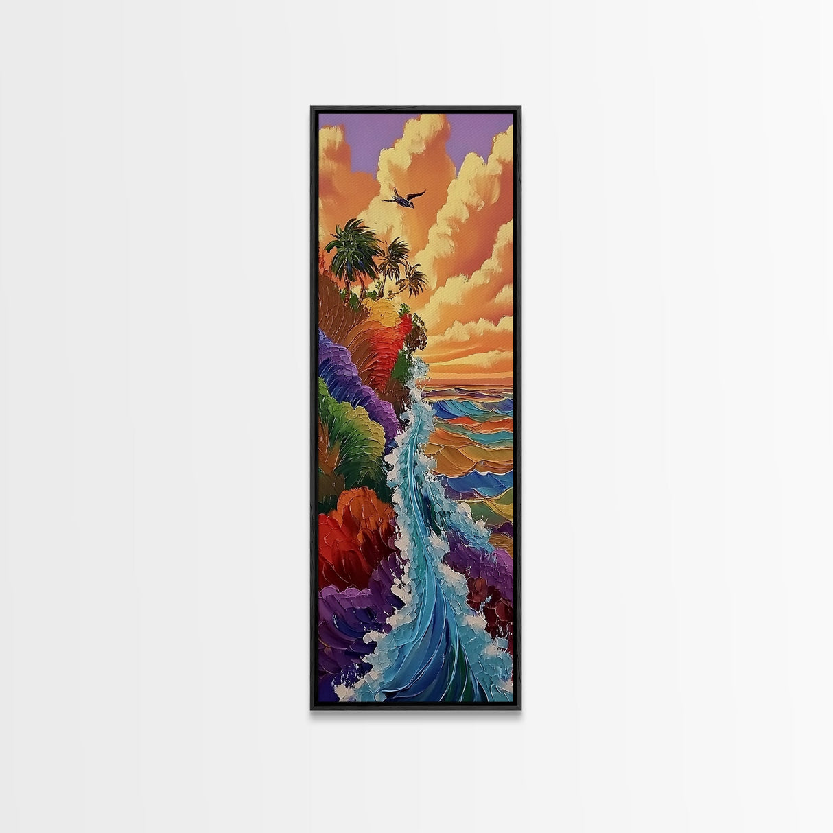 Rainbow Cliff, Ocean Waves, Sunset Coast, Framed Canvas Print, tropical beach decor, vibrant boho wall art, coastal entryway painting