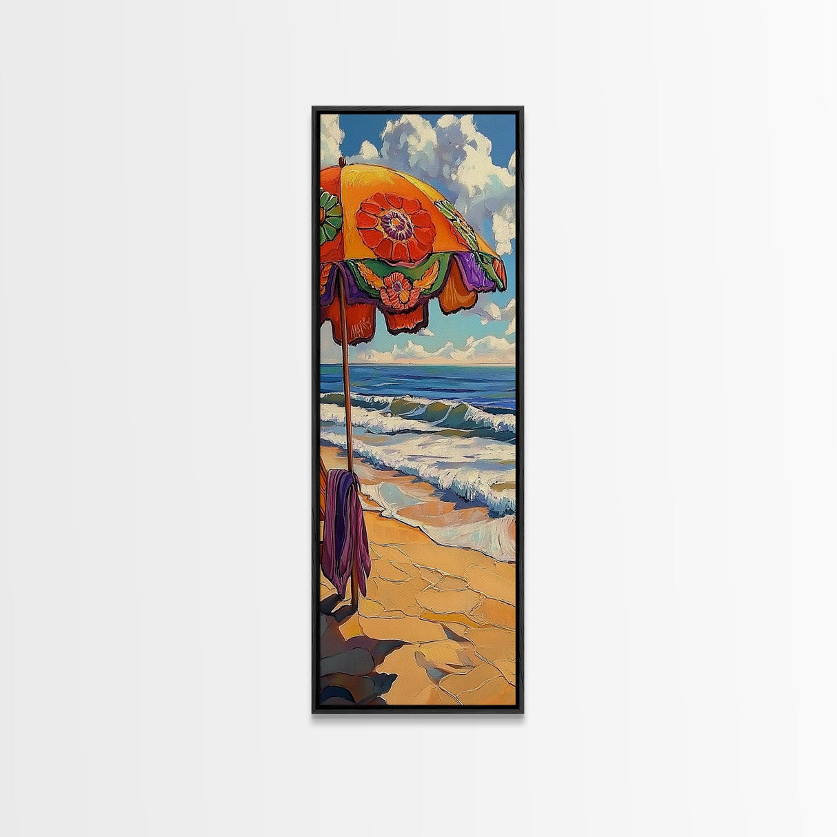 Beach, Umbrella, Waves, Retro Summer Vibes Coastal Framed Canvas Print, Colorful Ocean Wall Art, Beach House Decor, Living Room Art