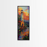 Lighthouse, Mountains, Sunset, Water, Framed Canvas Print, Coastal Landscape Wall Art, Nautical Home Decor, Vibrant Living Room Artwork
