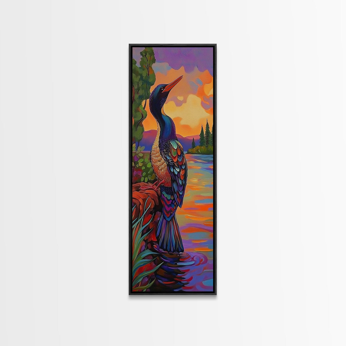 Sunset, Lake, Bird, Nature, Framed Canvas Print vibrant lakeside bird wall decor colorful boho birdwatching themed bedroom wall art