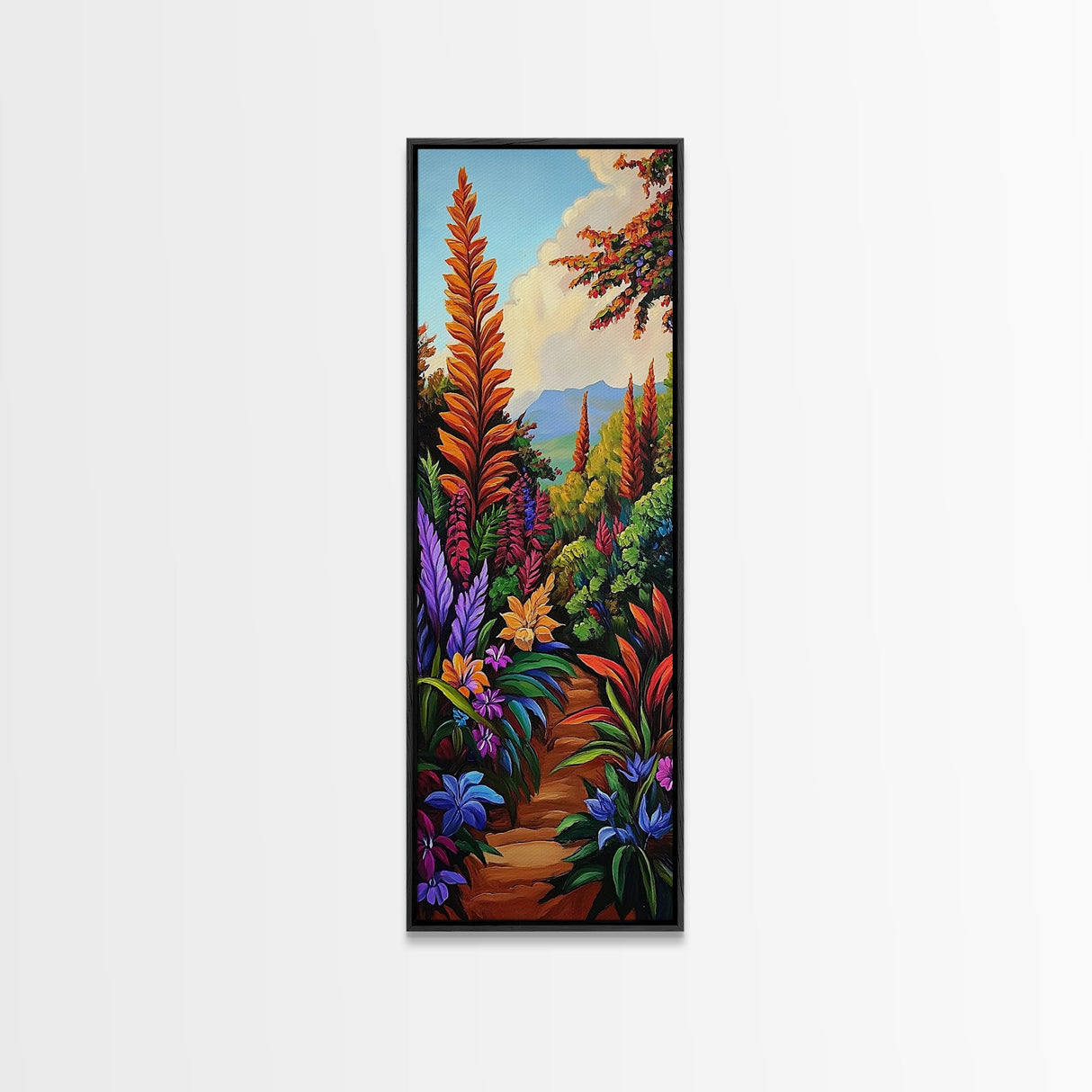 Jungle, Pathway, Tropical, Florals, Framed Canvas Print vibrant rainforest trail painting boho nature themed hallway or office wall art
