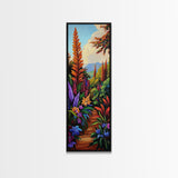 Jungle, Pathway, Tropical, Florals, Framed Canvas Print vibrant rainforest trail painting boho nature themed hallway or office wall art