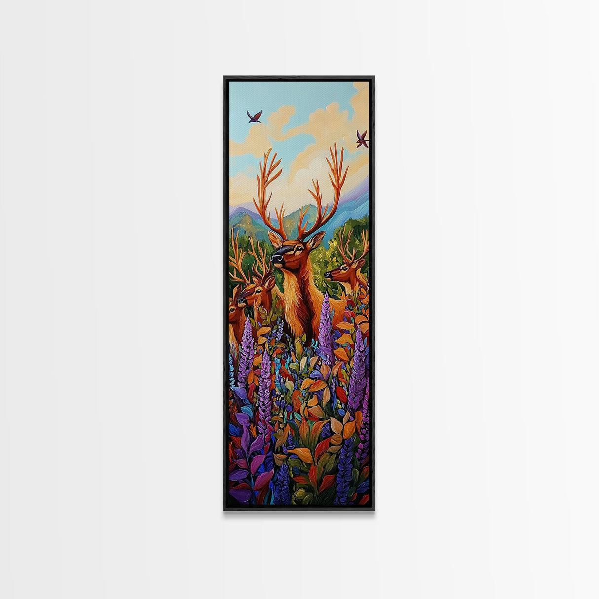 Elk, Meadow, Nature, Art, Framed Canvas Print featuring deer herd in wildflowers, cozy lodge style, Autumn cabin decor, rustic wall art