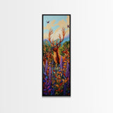 Elk, Meadow, Nature, Art, Framed Canvas Print featuring deer herd in wildflowers, cozy lodge style, Autumn cabin decor, rustic wall art
