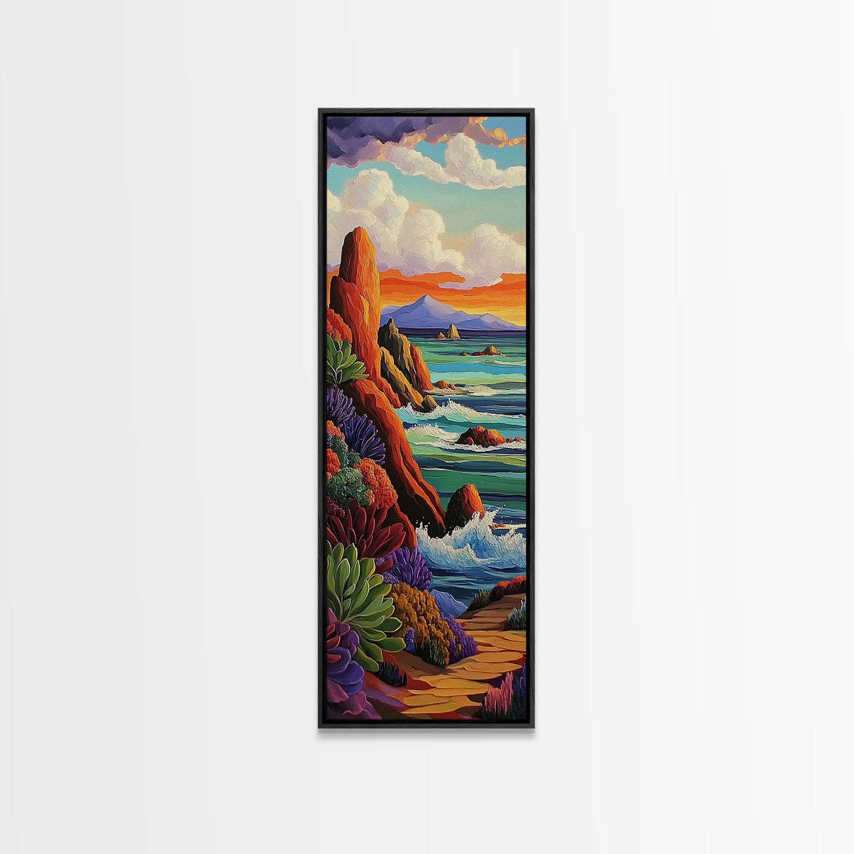Coastal, Sunset, Seascape, Vibes, Framed Canvas Print of ocean cliffs and crashing waves, modern coastal wall art, beach house decor