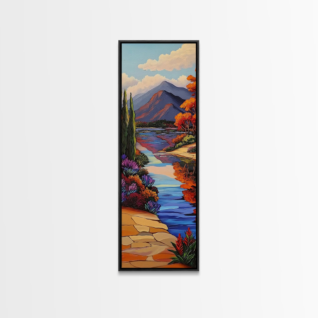 Scenic, Autumn, River, Tranquility, Framed Canvas Print with colorful fall reflections, rustic country wall art, cabin art,  office decor