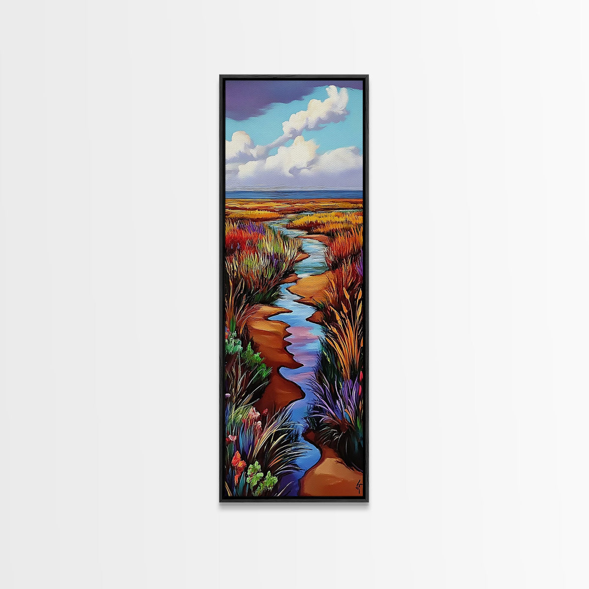 Wildflower, Marsh, Coastal, Path, Framed Canvas Print with golden autumn grasses, colorful marshland, farmhouse entryway wall decor