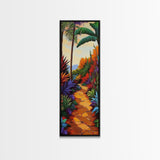 Tropical Pathway, Palms, Jungle Walkway Framed Canvas Print, Bohemian Wall Art, Bedroom Botanical Decor, Vibrant Nature Illustration