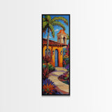 Spanish Villa, Garden, Tropical House Framed Canvas Print, Southwestern Wall Decor, Vibrant Living Room Art, Colorful Home Scene