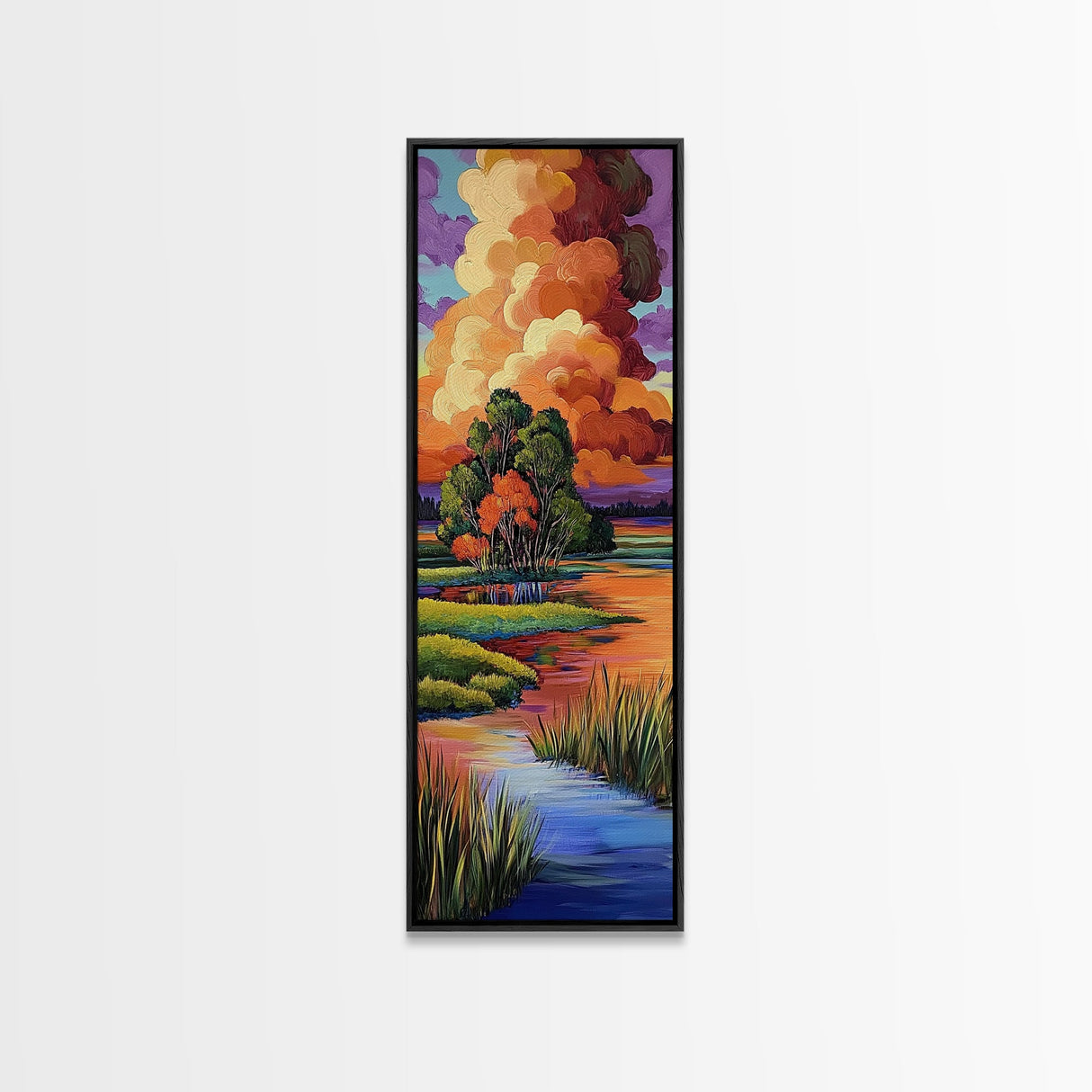 Autumn Marsh, Sunset Glow, Serene Trees, Framed Canvas Print, warm fall landscape art, peaceful country home decor, boho wall design
