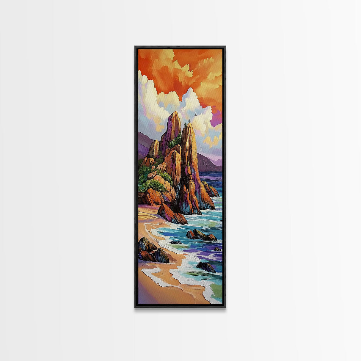 Seascape Beach, Sunrise, Rocks, Framed Canvas Print, Coastal seascape beach painting, vivid sunrise wall decor, coastal living room wall art