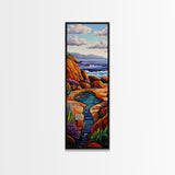 Waves Rocks, Ocean, Pastel, Framed Canvas Print, Crashing wave pastel seascape painting, calming ocean wall decor, coastal home design