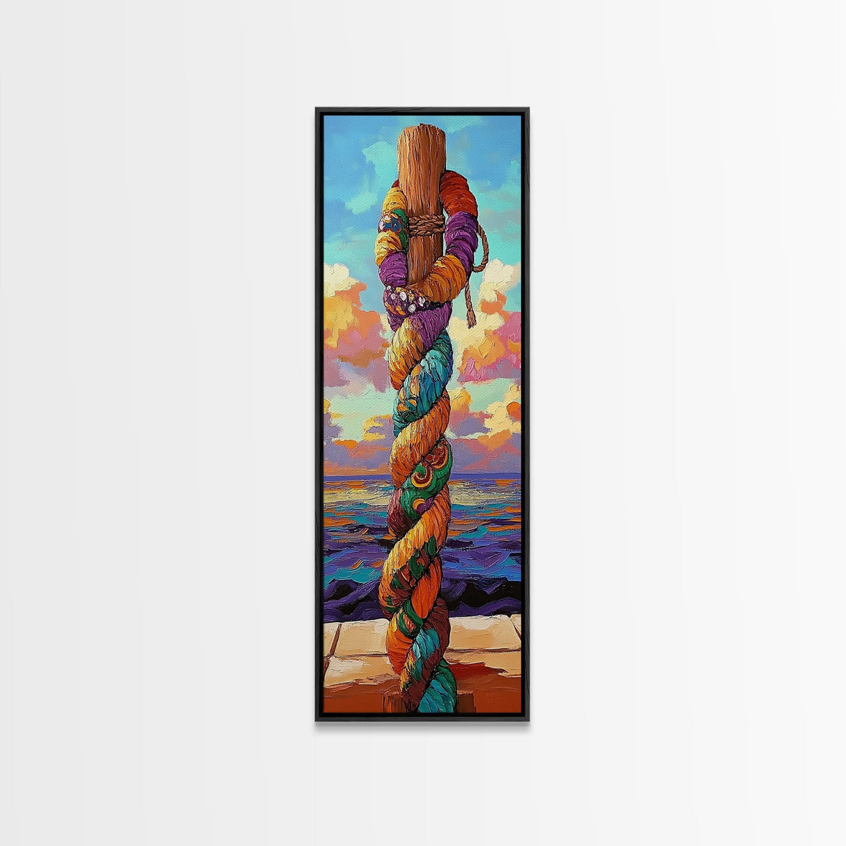 Nautical Rope, Pier, Art – Framed Canvas Print beach house decor, coastal rope wall art, nautical theme, vibrant colors, bathroom wall art