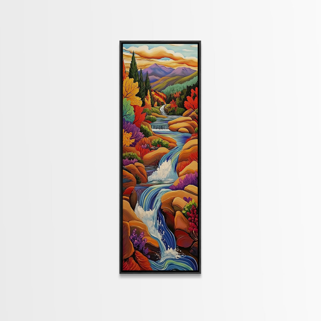 Autumn Waterfall, Mountain, River — Canvas Print of fall mountain river scene, great for Rustic Cabin Decor or Autumn Living Room Wall Art