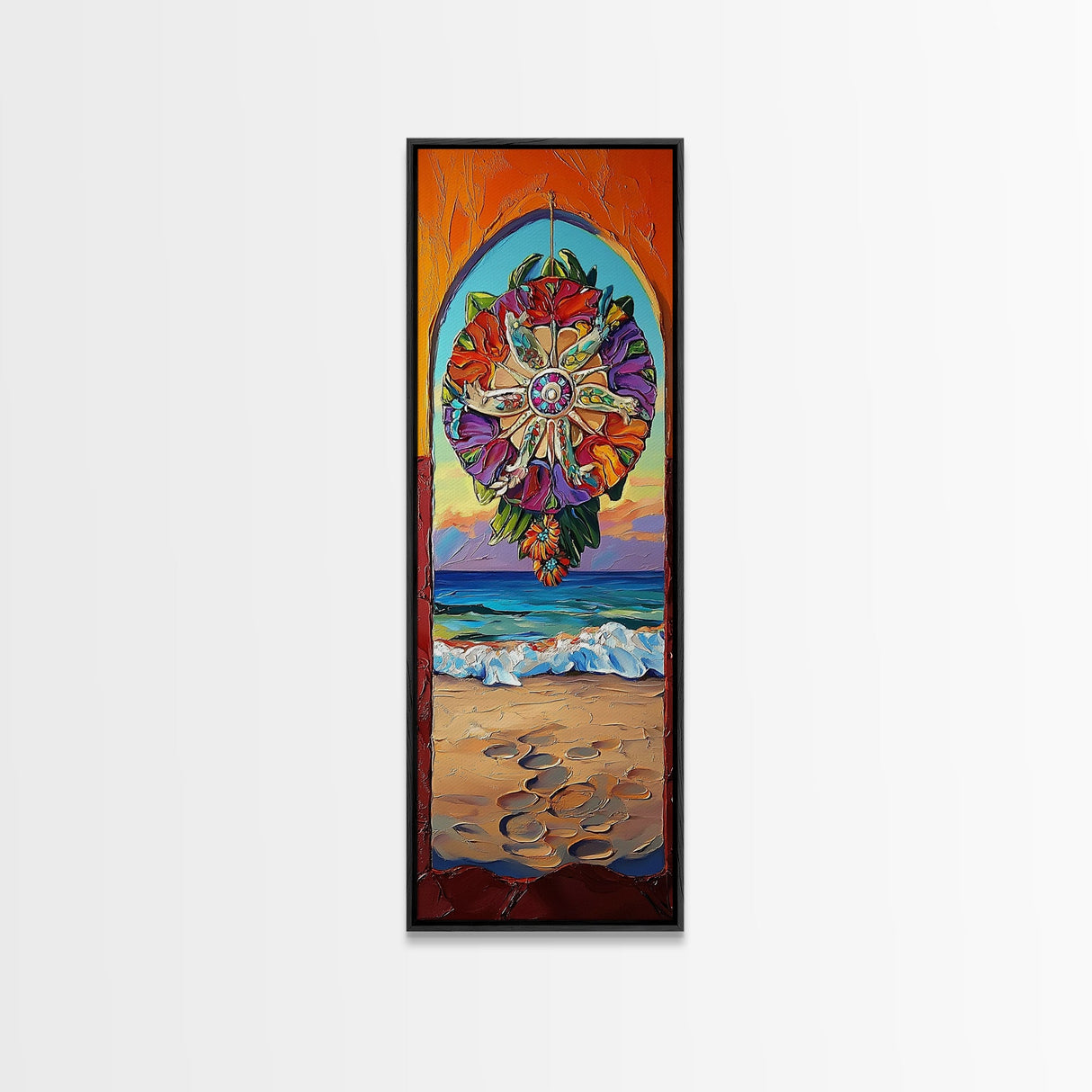Sunset Beach, Mandala, Coastal Archway Framed Canvas Print, Boho Ocean Wall Art, Vibrant Entryway Decor, Spiritual Coastal Style