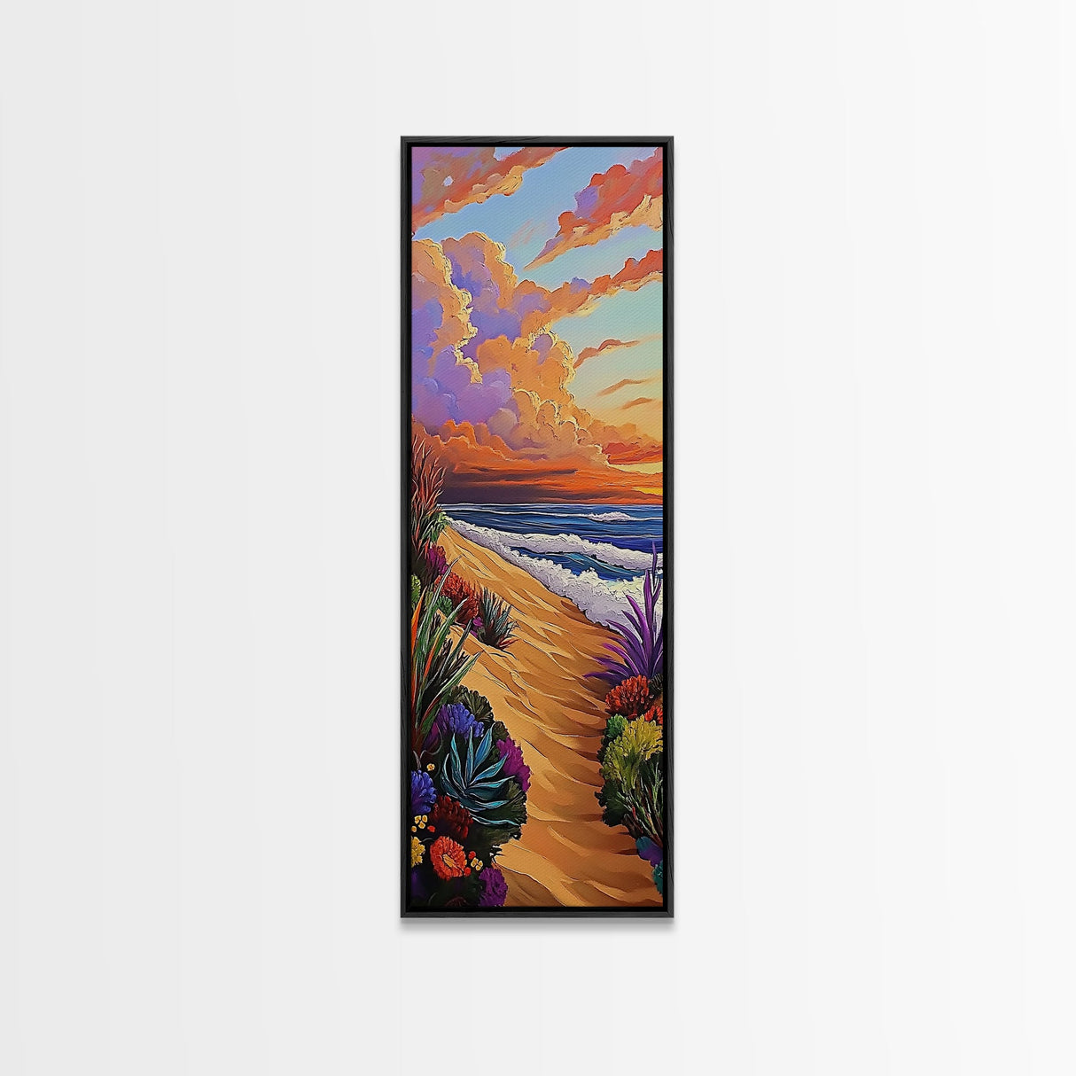 Seaside Sunset, Floral, Ocean Pathway Canvas Print, Vibrant Beach Decor, Coastal Hallway Wall Art, Bold Bohemian Beach Painting