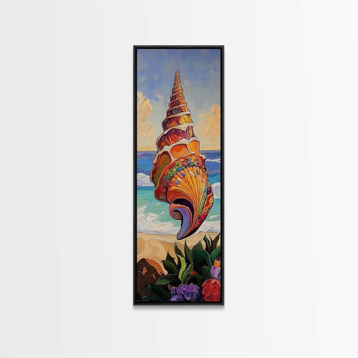 Seashell Ocean, Spiral, Framed Canvas Print, Coastal Wall Art, Bright Beach House Decor, Ocean Life Inspired Bathroom Accent
