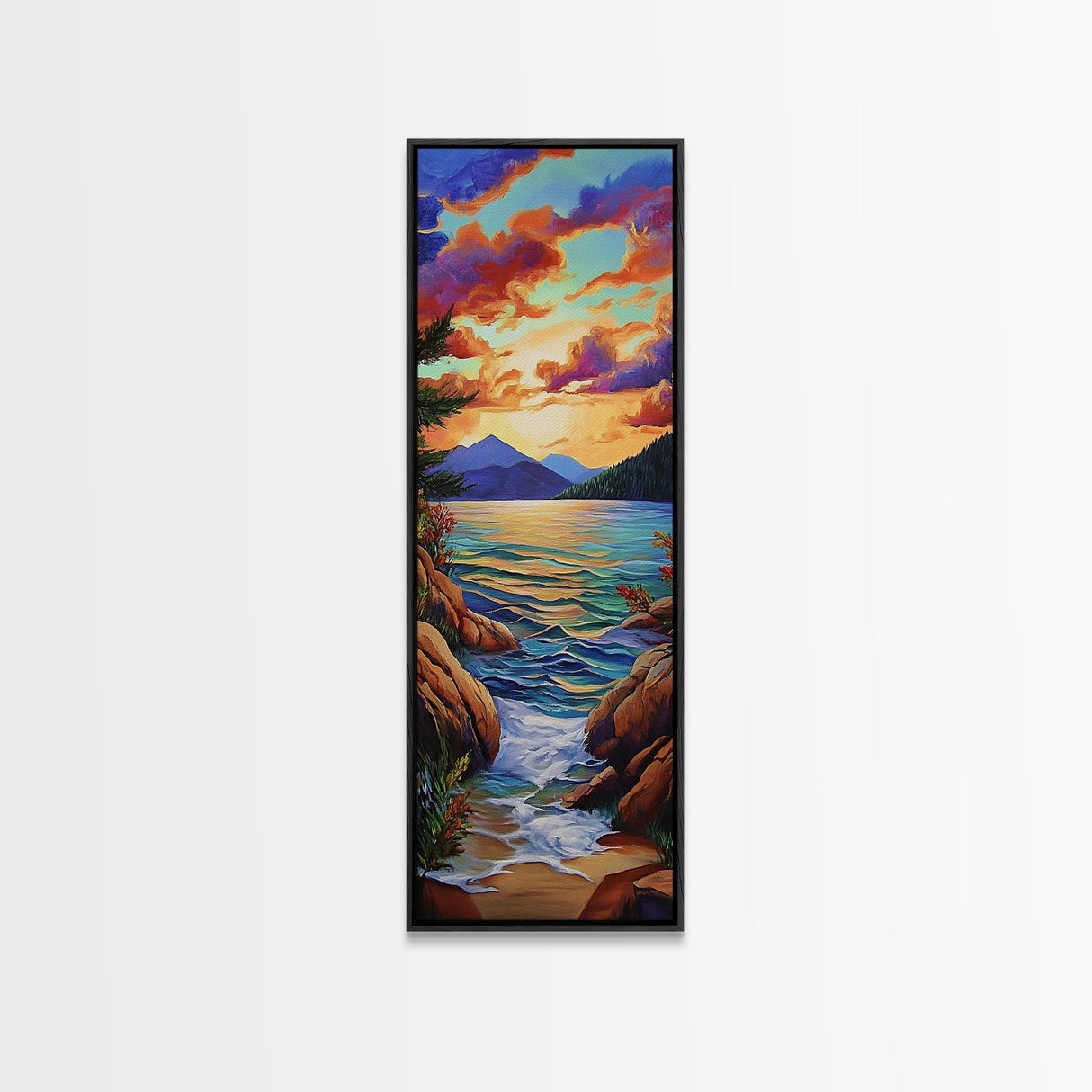 Sunset Lake, Vibrant Sky, Mountain View, Tranquil Nature Scene, Framed Canvas Print, Rustic Cabin Wall Art, Peaceful Decor