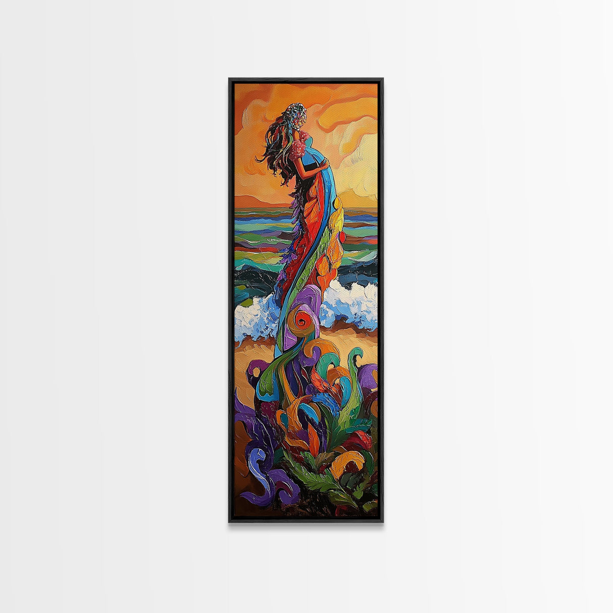 Mother Ocean, Rainbow, Canvas Print, Colorful mother nature figure by ocean painting, whimsical spiritual art,  meditation room wall art