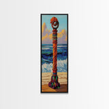 Coastal Totem, Bold, Art, Framed Canvas Print tropical tribal decor, ocean beach vibes, colorful surfside pole painting, seaside living room