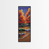Ocean Sunset, Glow, Waves Framed Canvas Print glowing beach sunset wall art, vivid wave painting, warm coastal decor, boho beach house art