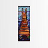 Dock Ocean, Pier, Framed Canvas Print, Seaside Wall Art, Nautical Coastal Decor, Whimsical Ocean Painting, Beach House Style